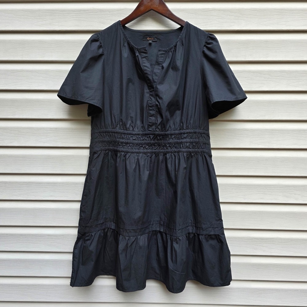 Quince Organic Cotton Tiered Mini Dress Women L Black Smocked Puff Sleeve Pocket